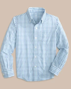 Southern Tide Boys Haywood Plaid Intercoastal Long Sleeve Sport Shirt Dream Blue Outlet