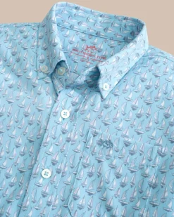 Southern Tide Boys Intercoastal Forget A-Boat It Short Sleeve Sport Shirt Clearwater Blue Hot