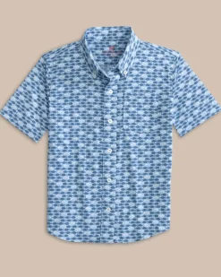 Southern Tide Boys Intercoastal Heather Skipping Jacks Short Sleeve Sport Shirt Heather Clearwater Blue Clearance