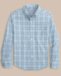 Southern Tide Boys Intercoastal Primrose Plaid Long Sleeve Sport Shirt Subdued Blue Cheap
