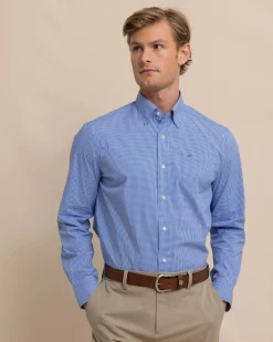 Southern Tide Charleston Parkwood Micro-Gingham Long Sleeve Sport Shirt Cobalt Blue Shop