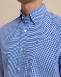 Southern Tide Charleston Parkwood Micro-Gingham Long Sleeve Sport Shirt Cobalt Blue Shop