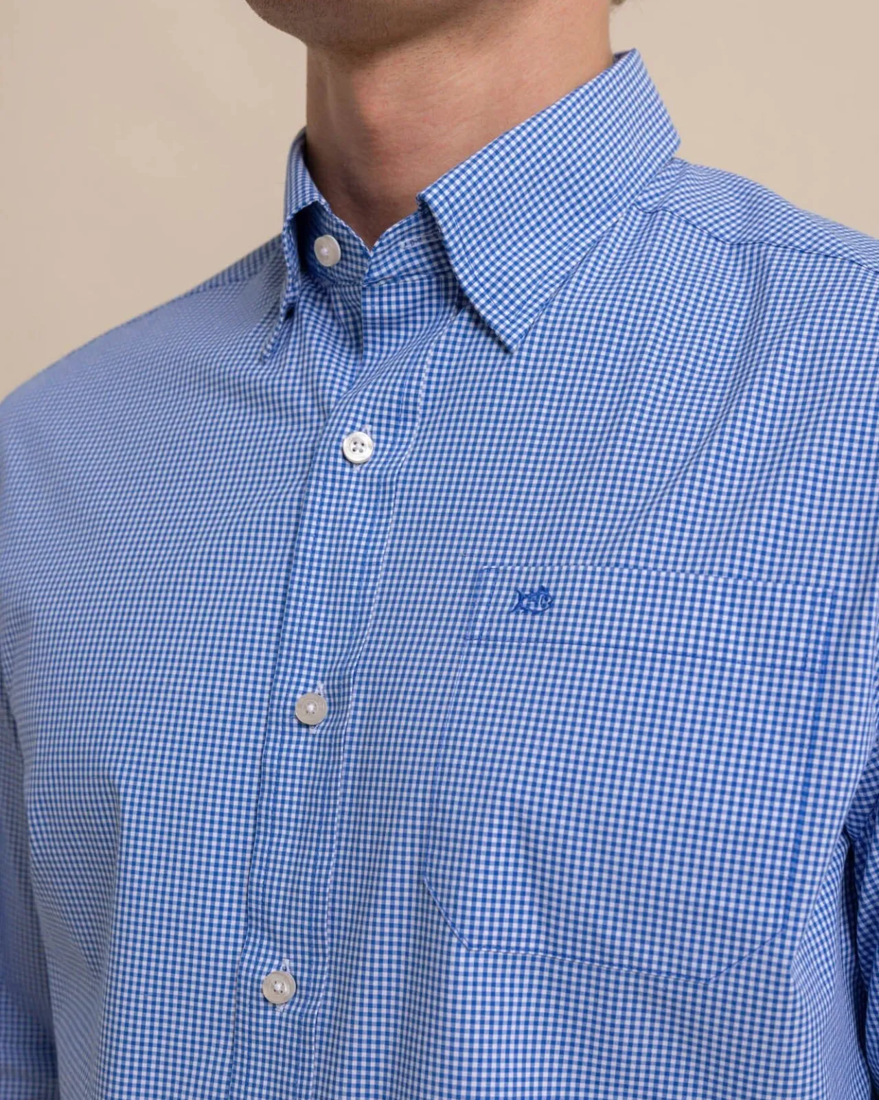 Southern Tide Charleston Parkwood Micro-Gingham Long Sleeve Sport Shirt Cobalt Blue Shop