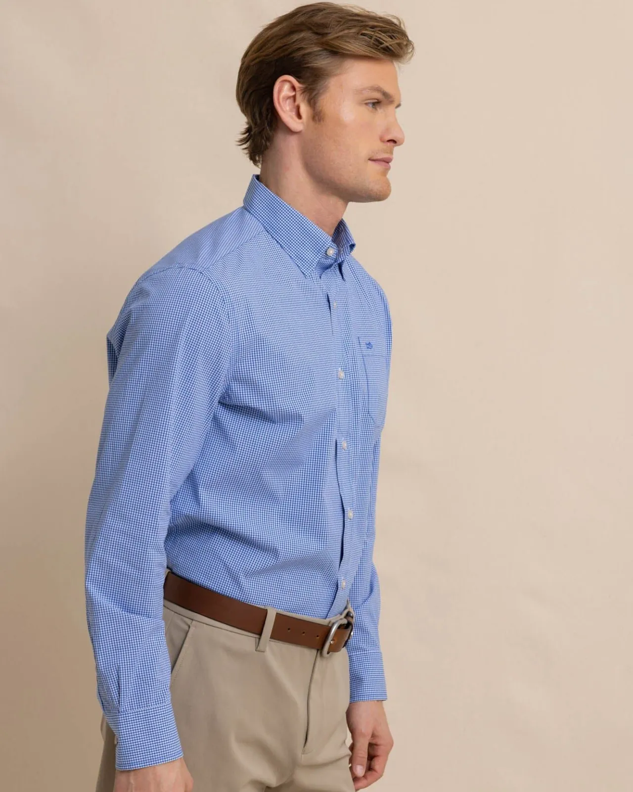 Southern Tide Charleston Parkwood Micro-Gingham Long Sleeve Sport Shirt Cobalt Blue Shop