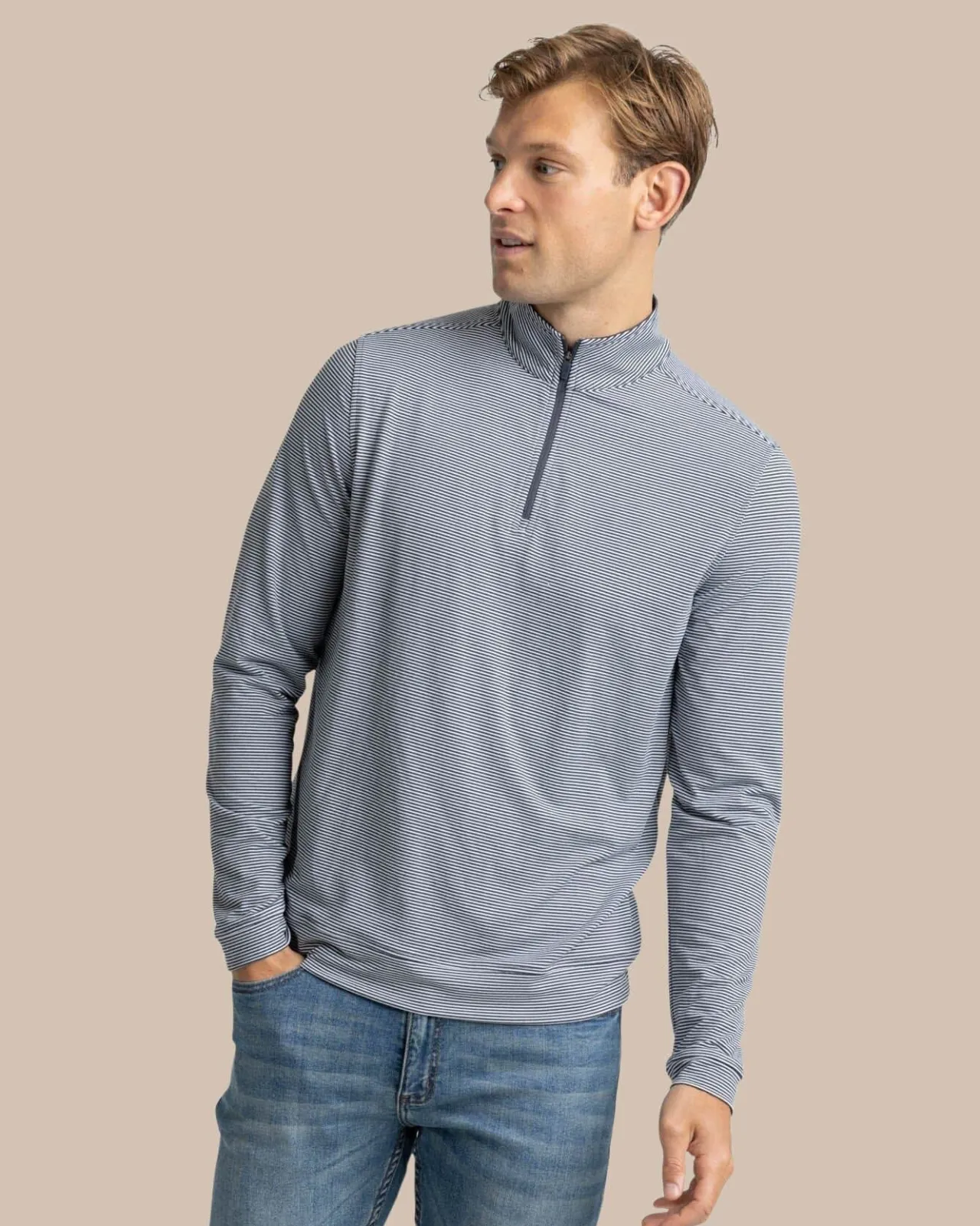 Southern Tide Cruiser Micro-Stripe Heather Quarter Zip New