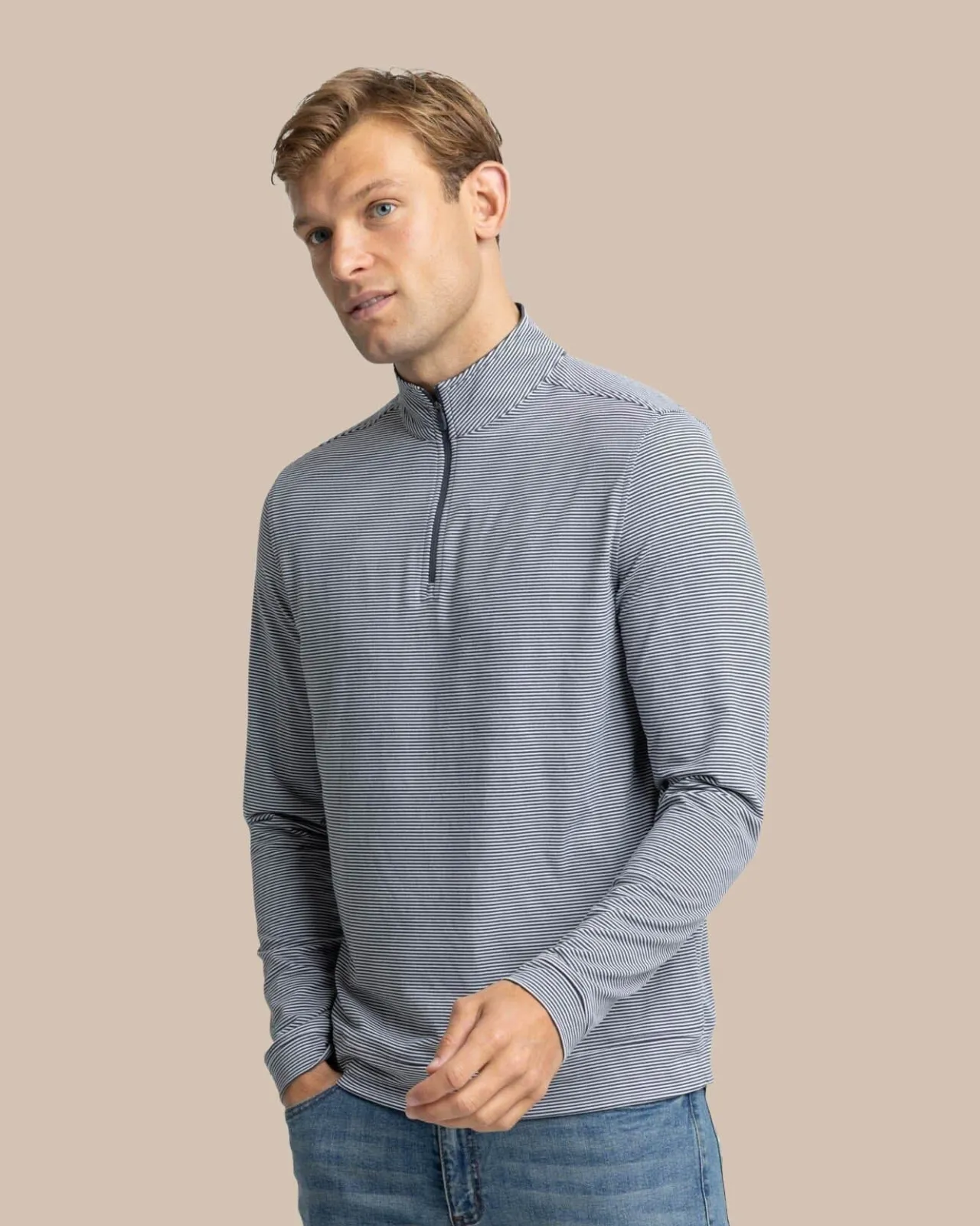 Southern Tide Cruiser Micro-Stripe Heather Quarter Zip New
