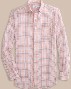 Southern Tide Headland Conestee Plaid Long Sleeve Sport Shirt Apricot Blush Coral Fashion