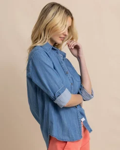 Southern Tide Katherine Denim Shirt Medium Wash Indigo Flash Sale