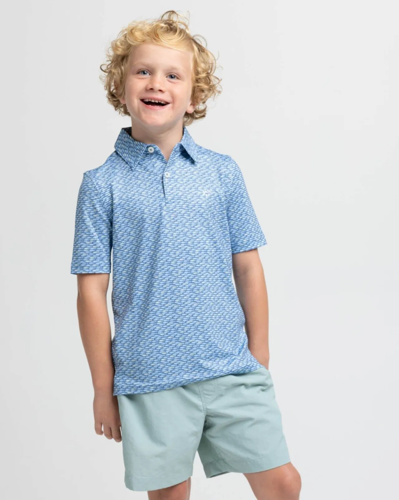 Southern Tide Kids Driver Casual Water Printed Polo Coronet Blue Flash Sale