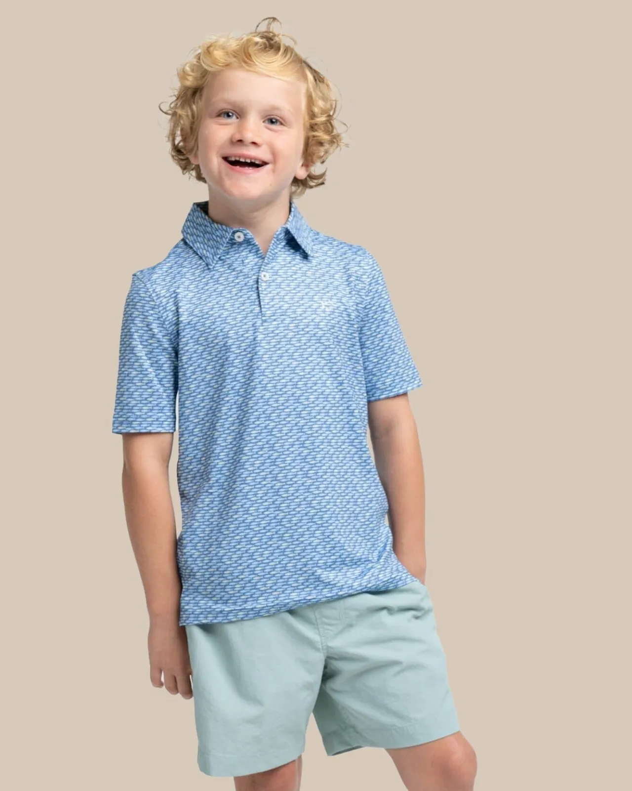 Southern Tide Kids Driver Casual Water Printed Polo Coronet Blue Flash Sale