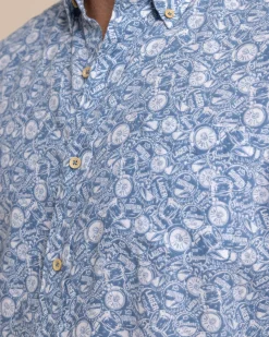 Southern Tide Linen Rayon Caps Off Short Sleeve Sport Shirt Coronet Blue Discount