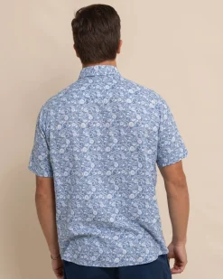 Southern Tide Linen Rayon Caps Off Short Sleeve Sport Shirt Coronet Blue Discount