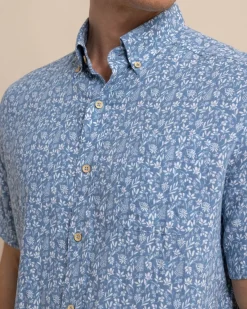 Southern Tide Linen Rayon Ditzy Floral Short Sleeve Sport Shirt Hot