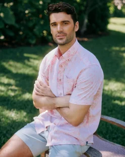 Southern Tide Linen Rayon Keep Palm And Carry On Print Sport Shirt Cheap