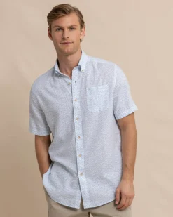 Southern Tide Linen Rayon Palm And Breezy Short Sleeve Sport Shirt Clearwater Blue Best Sale