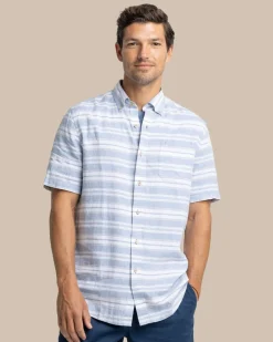 Southern Tide Linen Rayon Timmonsok Stripe Short Sleeve Sport Shirt Coronet Blue Outlet