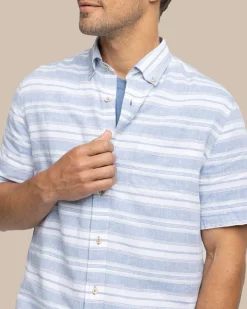 Southern Tide Linen Rayon Timmonsok Stripe Short Sleeve Sport Shirt Coronet Blue Outlet