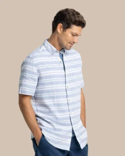 Southern Tide Linen Rayon Timmonsok Stripe Short Sleeve Sport Shirt Coronet Blue Outlet