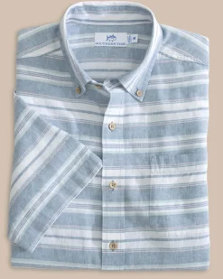 Southern Tide Linen Rayon Timmonsok Stripe Short Sleeve Sport Shirt Coronet Blue Outlet