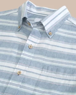 Southern Tide Linen Rayon Timmonsok Stripe Short Sleeve Sport Shirt Coronet Blue Outlet