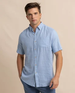 Southern Tide Linen Rayon White Lotus Short Sleeve Sport Shirt Clearwater Blue Best Sale