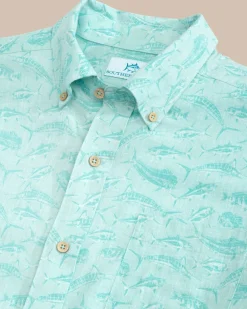 Southern Tide Linen Rayon You'Ve Been Schooled Short Sleeve Sport Shirt Wake Blue Best