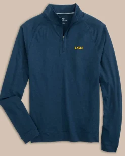 Southern Tide Lsu Tigers Cruiser Heather Quarter Zip Pullover Heather Dress Blue Hot