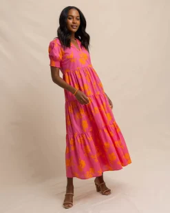 Southern Tide Nadine Tiered Cotton Lawn Maxi Dress Camelia Rose Pink Fashion