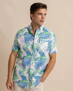 Southern Tide Paradise Palms Linen Rayon Short Sleeve Sport Shirt Classic White Shop