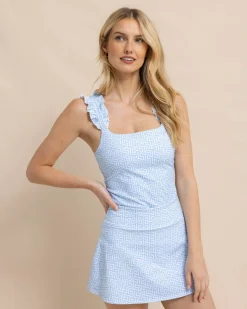 Southern Tide Staci Printed Active Ruffle Tank Clearwater Blue Hot