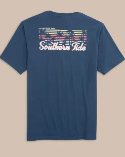 Southern Tide Striped Sunset Palms Short Sleeve T-Shirt Aged Denim Discount